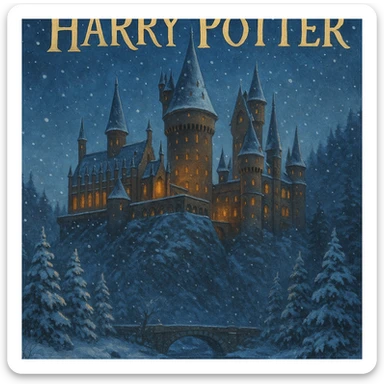 Harry Potter series, fantasy book cover style, Hogwarts castle in winter with snow and warm lights sticker