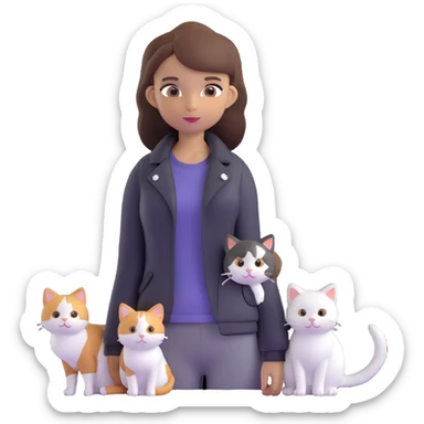 Light-skinned girl with brown straight hair wearing a black jacket, along with one pure white cat and one calico cat sticker