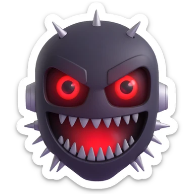 Make this scary robotic 3D emoji even scarier by adding jagged metallic fangs, red glowing eyes, and a sinister grin. Remove the background. sticker