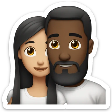 light skin woman with very long straight brown hair hugging black man with very short dark hair and a long dark beard wearing a white tshirt sticker