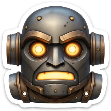 Cinematic Noble Mighty Iron Golem Portrait Emoji Poised and imposing, with a towering, metallic form forged from intricately detailed plates of burnished steel and ancient bronze, etched with faint traces of runes and weathered marks of time. Its piercing, glowing eyes radiate unwavering resolve, casting a solemn and commanding presence; rendered with lifelike texture and natural metallic highlights, high shine, elegant yet indomitable, styled with an aura of legendary endurance, focused and resolute, soft glowing outline, capturing the essence of an eternal guardian, standing vigilant and immovable as if ready to awaken at any moment with unstoppable might! sticker