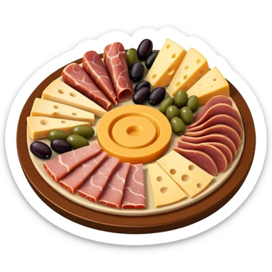 A 3D cartoon platter of assorted deli items like sliced meats, cheese, and olives, colorful and appetizing, Memoji-style. sticker