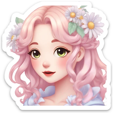 Gorgeous pastel anime style lady with blushing face and daisies cottagecore fairycore pastelcore shiny colorful pearly romantic simplistic aesthetic trending style sticker