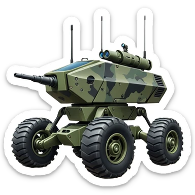 a roomy 4-wheel armored personnel stealth camouflage army massive mech trail vehicle shooting forward side-hill leaning actively independent suspended pod gimbal enemy mech off-road racing rover with large fast engine  sticker