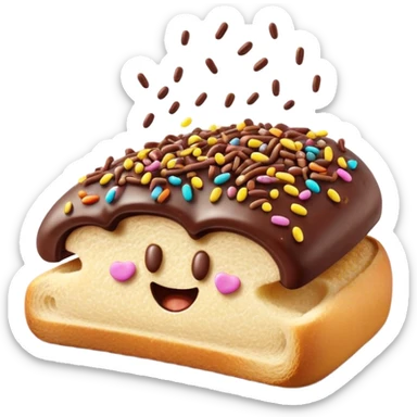 Cinematic Realistic Hagelslag Treat Emoji, depicted as crunchy chocolate sprinkles on buttered bread rendered with vivid textures and playful, inviting lighting. sticker
