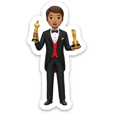 an actor standing on a red carpet with a formal tuxedo, with an oscar in his hand sticker
