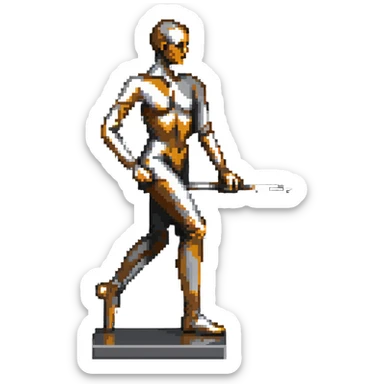 A paintbrush transforming into a silver metallic human silhouette sculpture with bronze accents, symbol of artistic identity sticker
