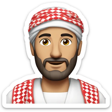 Middle Eastern Man in His 40s, Wearing a traditional thobe (long white garment) and a red-and-white checkered keffiyeh (headscarf) on his head, short beard. sticker