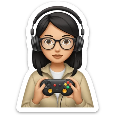 
gamer, woman shiny black hair no eyebrows with glasses, headphone, gamepad sticker