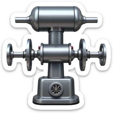 sausage-processing droid. retro-futuristic style. top is a circular industrial meat grinder with rotating gears and blades. Two robotic arms feed material into grinder. Sausage links extrude from the rear like  factory. The body is metallic, compact, and floats above the ground.no legs. Dark humor sticker