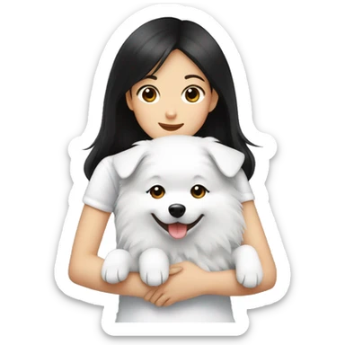 Japanese spitz dog hug black hair girl sticker