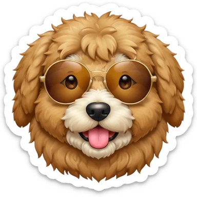 Create a  circle mini golden doodle dog with brown eyes tan fur emoji  sticking its tongue out with sunglasses on sticker