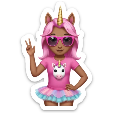 friendly anthropomorphised female unicorn in tutu and pink t-shirt, wearing dark sunglasses, standard pose, head and shoulders portrait sticker