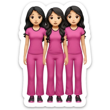 3 olive skin tone best friends. First one wearing pink gym attire modest with long black hair wavy. Second one wearing a pink fitted long maxi dress with curves long black hair and the last one wearing pink casual clothes with brown mid length hair sticker