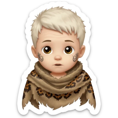 ancient hairy white baby tatooed boy, tattered animal skin shawl sticker