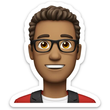 skinny guy with brown hair, black glasses and red suit sticker