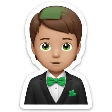 baby cute boy, brown hair in suit, with green bow sticker