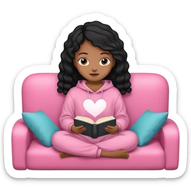 Una chica linda de cabello negro con ondas hasta los hombros de piel blanca con una sudadera rosa en un sofá cómodo y hermoso leyendo la biblia sticker