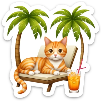 Orange tabby cat lounging under a palm tree with a mai tai tropical drink sticker