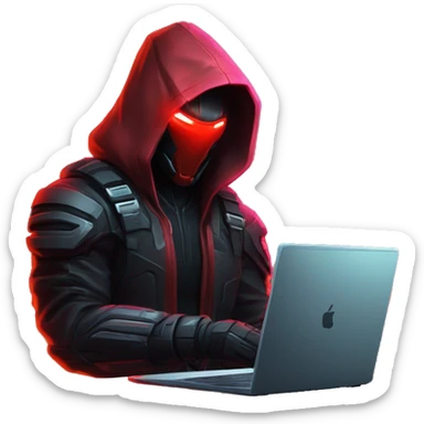 developer behind his laptop with this style : crysis Cyberpunk Riot Games Valorant neon glowing bright red character red dark black hooded assassin themed character sticker