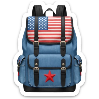 a blue denim backpack with a flap top, two vertical black buckle straps on the front. The backpack has two side pockets and a soft square shape. at front view bottom pocket, red and with two divided logo like simple american flag

 sticker
