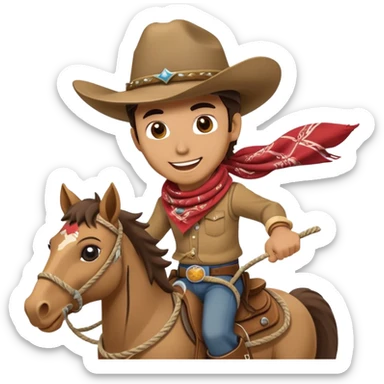 clash-of-clans-aesthetic_-cinematic-playful-cowboy-portrait-emoji, head-tilted with a roguish, cheeky grin and twinkling eyes, featuring a rugged, spirited build with a wide-brimmed cowboy hat and a rugged bandana, tan skin-tone, riding a galloping horse with reins in one hand and a lasso in the other, dust trailing behind. sticker