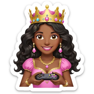 Crown dark black women smiling with really long WAVY hair pink dress pink crown facing forward black hair middle age adult woman gold gems in crown gold earrings  one woman smiling wink head only with game controller sticker