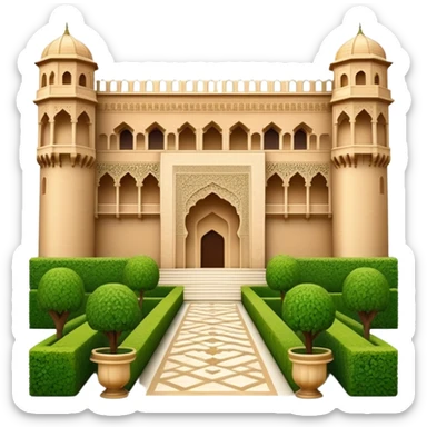 Cinematic Realistic Alhambra Landmark Emoji, showcasing the ornate historic palace with lush gardens rendered with rich textures and soft, majestic lighting. sticker