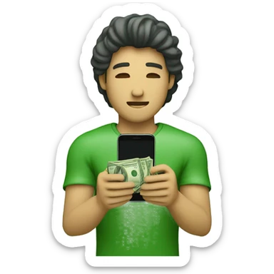 a man that in this right hand holds money and its other hand holds a phone and he is holding his hands up like praying and at top of his head is an texture of an app and the money color green sticker