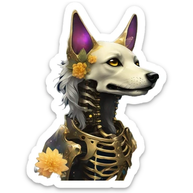 Black iridescent dog fox zombie skeleton gold mechanical nebula galaxy stars flowers fairy lights vintage sticker