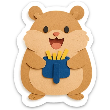 fluffy air fryer hamster holding tiny crispy fries, excited face, soft brown, full-body sticker