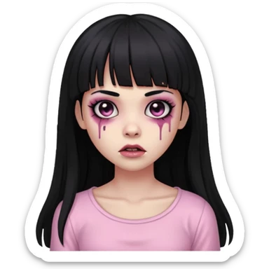light-skinned Black zombie girl with black eyes, long black hair with bangs, wearing a light pink blouse sticker