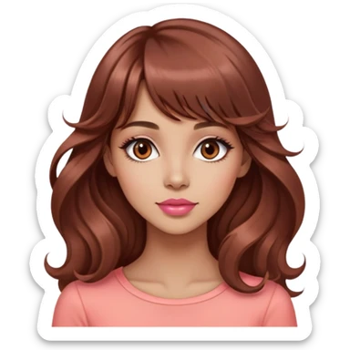 gorgeous woman, light tan skin, big dark brown eyes, very long wavy auburn hair, bangs, pink top, coral lipstick, side profile sticker