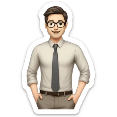 Pale skinned fit man with dark brown hair in gray jacket, beige office shirt, brown tie, brown pants and vintage glasses Writing on the marker board sticker