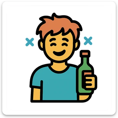 color outline icon of a GTA-style person with messy hair, bottle, tipsy smile, playful style sticker