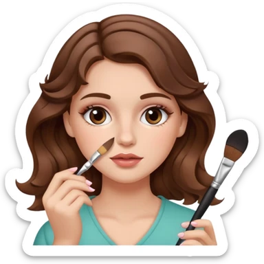 Chica blanca con el cabello castaño y ondulado, poniéndose rubor en la cara con una brocha de maquillaje en la mano derecha sticker