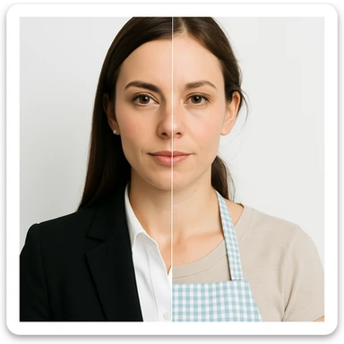 hyper realistic, symmetrical split-image of a woman, left side with office makeup and attire, right side natural, homemaker apron, white background, clear contrast sticker
