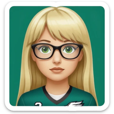 long blonde hair with bangs black rectangle glasses female green eyes football player wearing eagles jersey number 33 sticker