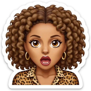 Melanie Brown with brown curls wearing leopard print and growling sticker