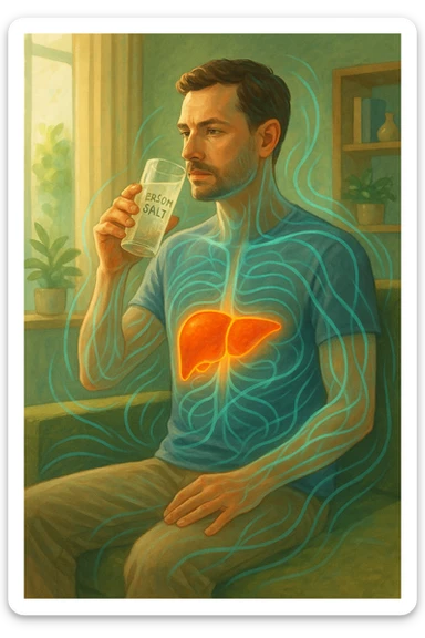 A man in a calm domestic environment, sitting with a transparent bottle or glass in hand containing an Epsom salt solution. He has a focused and aware expression. His body is partially transparent, with the liver highlighted brightly as if in a cleansing phase. Around the body, fluid energetic lines symbolize detoxification. The atmosphere is relaxed and natural, with warm light and green and blue tones representing health and purification. sticker