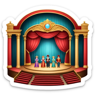 An icon depicting a grand theater stage with actors performing a play, illuminated by dramatic lighting. The audience sits in a beautiful hall, with colorful balconies and an engaged crowd. The design captures the magic of live theater. transparent background  sticker
