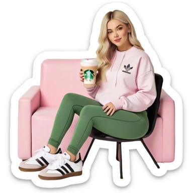 Girl long bright blonde hair middle part with rosy cheeks and plump mauve lips and green colored eyes wearing a white colored sweatshirt and black leggings, adidas OG Samba sneakers sitting in a large pink chair holding a latte sticker