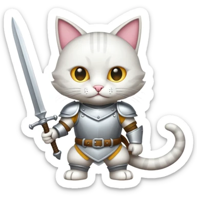 un gato blanco con armadura y llevando dos espadas sticker