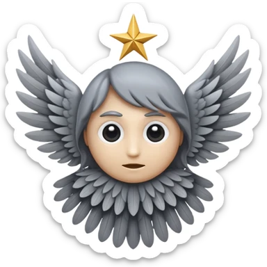 A mystical emoji in the shape of a six-winged angel with gray feathers, no human face, a single large eye in the center, no mouth or facial features, arranged in a star-like pattern, celestial and surreal, iOS emoji style  sticker