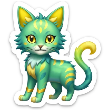 Shiny Iridescent Smooth Soft Glossy Green and Yellow Electrike-Lucretia-Luxray-Sprigatito-Bobcat-Amaura-Aurorus-Shiny-glorp-cat-fusion (full body) sticker