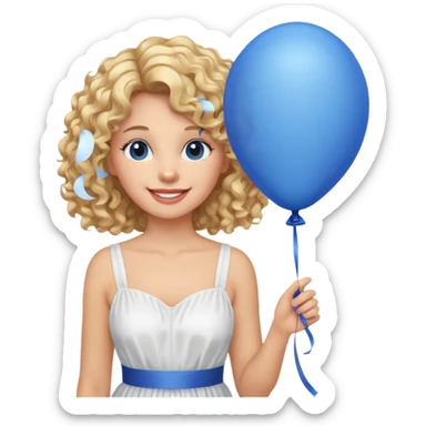 Woman curly blonde with blue balloon, white dress sticker