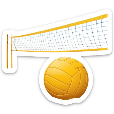 The scene captures the relaxed yet competitive vibe of beach volleyball, with warm sunlight and the natural beauty of the beach. A volleyball resting on the yellow sand on a beach, with the net in the background and a scenic view of the ocean and sky.  sticker
