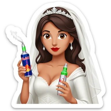 Caucasian brunette bride holding a vape and a Red Bull energy drink sticker