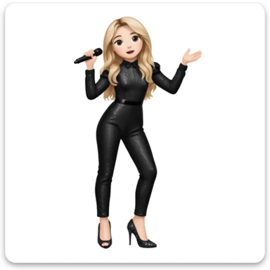 Sabrina carpenter singing at concert wearing a black sparkle jumpsuit and black sparkle heels. There is a huge crowd and light pink stage setting  sticker
