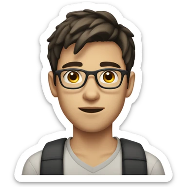 a 18 years old boy/man, programmer, with dark brown hair , semi white skin tone, with glasses and short hair and no beard sticker